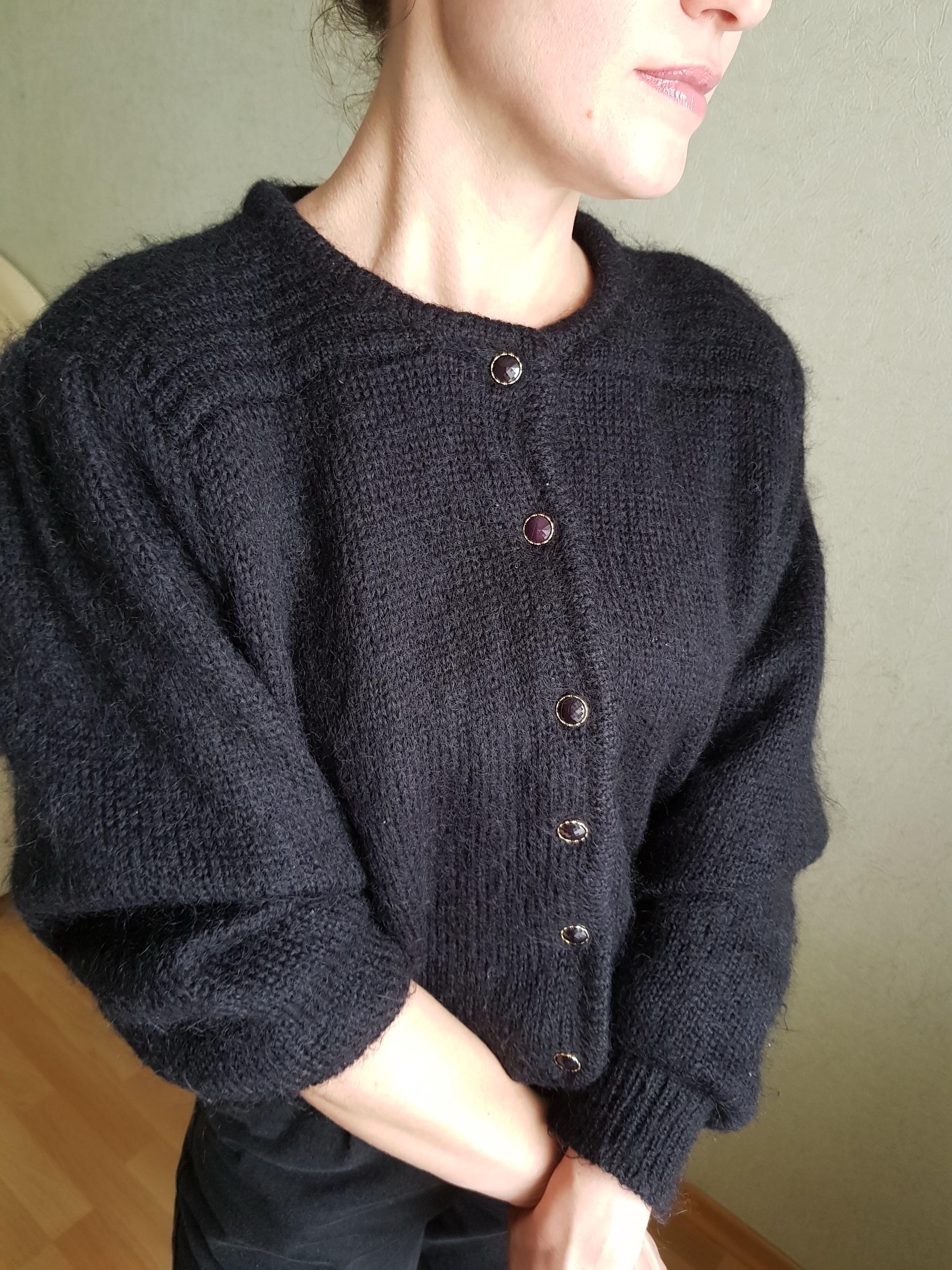 Vintage Black Mohair Blend Cardigan | Knit One Crew Neck Sweater L