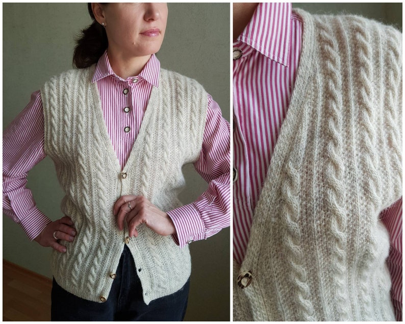 Vintage vest, handmade wool vest, cable knit, size M image 1