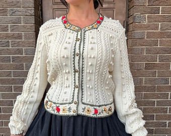 Vintage Austrian cardigan, hand knitted Austrian cardigan, white cardigan, embroidered cardigan