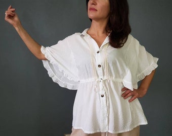 Vintage Blouse with Lace , wide sleeves blouse, 90s fashion