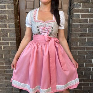 May include: A dirndl dress featuring a light gray bodice with a delicate floral pattern, a square neckline, and pink ribbon lacing. The dress includes short white puff sleeves and a solid pink skirt with a matching floral trim along the hemline.