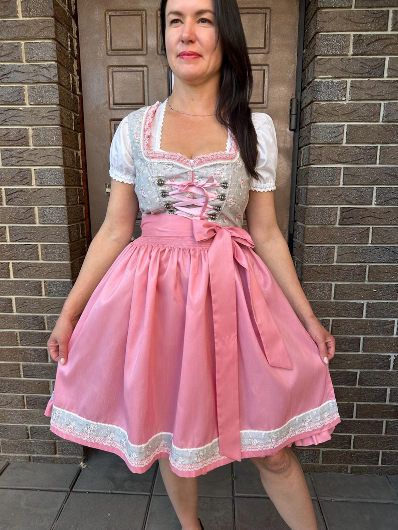 May include: A dirndl dress featuring a light gray bodice with a delicate floral pattern, a square neckline, and pink ribbon lacing. The dress includes short white puff sleeves and a solid pink skirt with a matching floral trim along the hemline.
