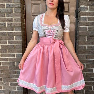 Dirndl Dress German Oktoberfest Outfit, Floral Pink Bavarian Dress with Apron, Traditional Trachten Costume for Women, Cottagecore Folk Dres image 1