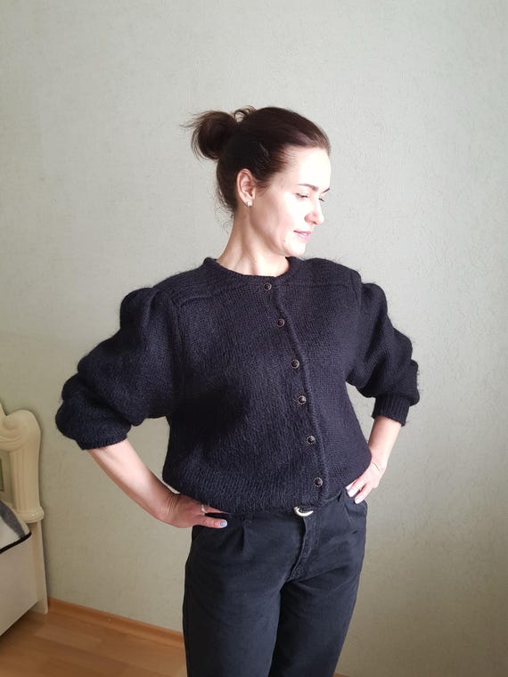 Vintage Black Mohair Blend Cardigan | Knit One Crew Neck Sweater L 