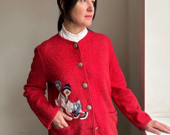 Vintage cardigan, wool cardigan, embroidered cardigan, women cardigan, red cardigan