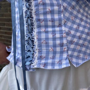 Puede incluir: Un top tipo cors&eacute; de cuadros vichy en azul claro y blanco con un peque&ntilde;o estampado floral rojo, cierre frontal con cordones de cinta de sat&eacute;n azul y ribetes decorativos blancos. La prenda se lleva sobre una falda blanca con bajo volanteado y encaje.