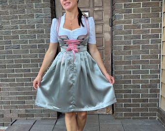 Traditional Dirndl Dress for Women, Pink & Silver Oktoberfest Outfit with Lace Apron, German Bavarian Costume