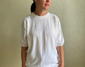 Suéter vintage Gianni Versace, suéter de manga curta, blusa listrada branca, suéter vintage, fabricado na Itália.
