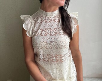 White Victorian Lace Blouse, Romantic High Neck Floral Guipure Top
