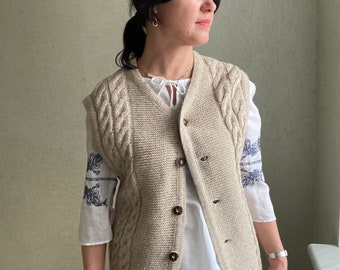 Vintage Austrian Vest, cable knitted Vest, knitted vest, wool vest, Button Up Knitted vest