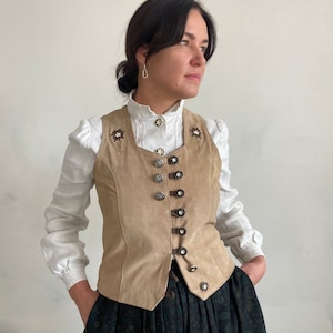 Vintage vest,  Austrian genuine suede vest, beige women vest, leather Western biker vest, festival vest, Edelweiss buttons