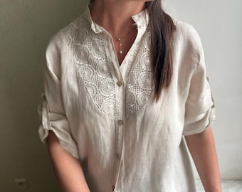 Vintage Linen blouse, cotton blouse, lace blouse,  summer blouse,  linen blouse, made in Italy