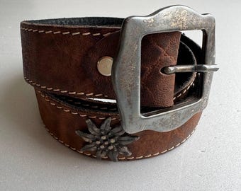 Vintage Austrian leather belt with edelweiss