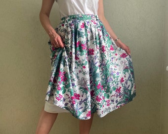Vintage cotton skirt, summer skirt, floral print skirt, vintage pleated skirt