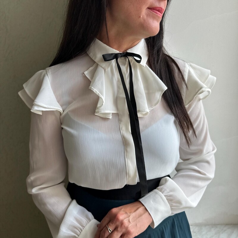 White Tulle Ruffle Sleeve Blouse main image 0