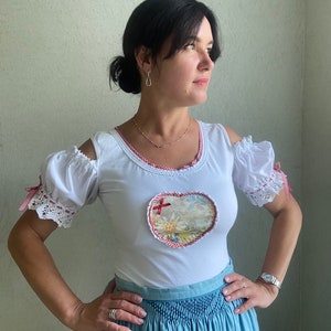 Vintage cotton blouse, Dirndl blouse, open-shoulder, puffy Sleeves, Octoberfest blouse
