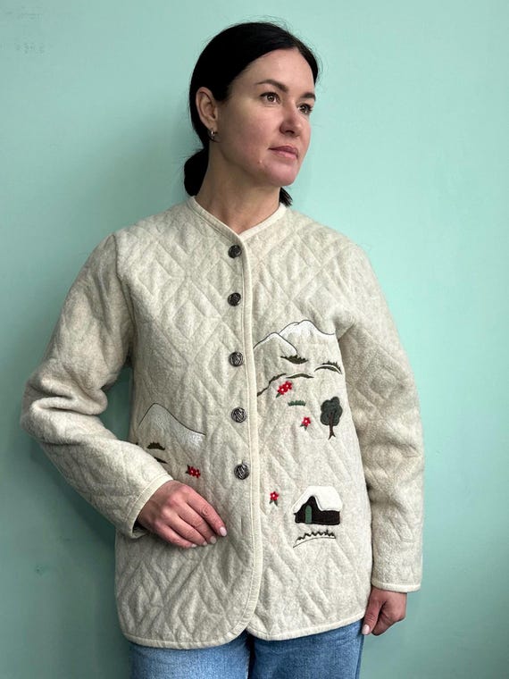 Vintage Austrian Wool Cardigan Jacket,  Quilted Beige Felted Wool Coat with Alpine Embroidery, Trachten Style, Made in Italy, Fancy Fully