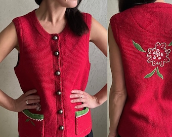 Chaleco austriaco vintage, bordado, de punto con botones, talla M/L