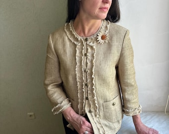 Vintage Elegance Paris Jute Cotton Linen Blazer Jacket, Neutral Beige Fringe Tweed Style Jacket, Luxury Designer Coquette Crop Jacket Size L