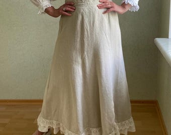 Vintage Country Line Linen Skirt Women’s Size 42, Beige Long Maxi Skirt with Lace Hem, Cottagecore Prairie Style
