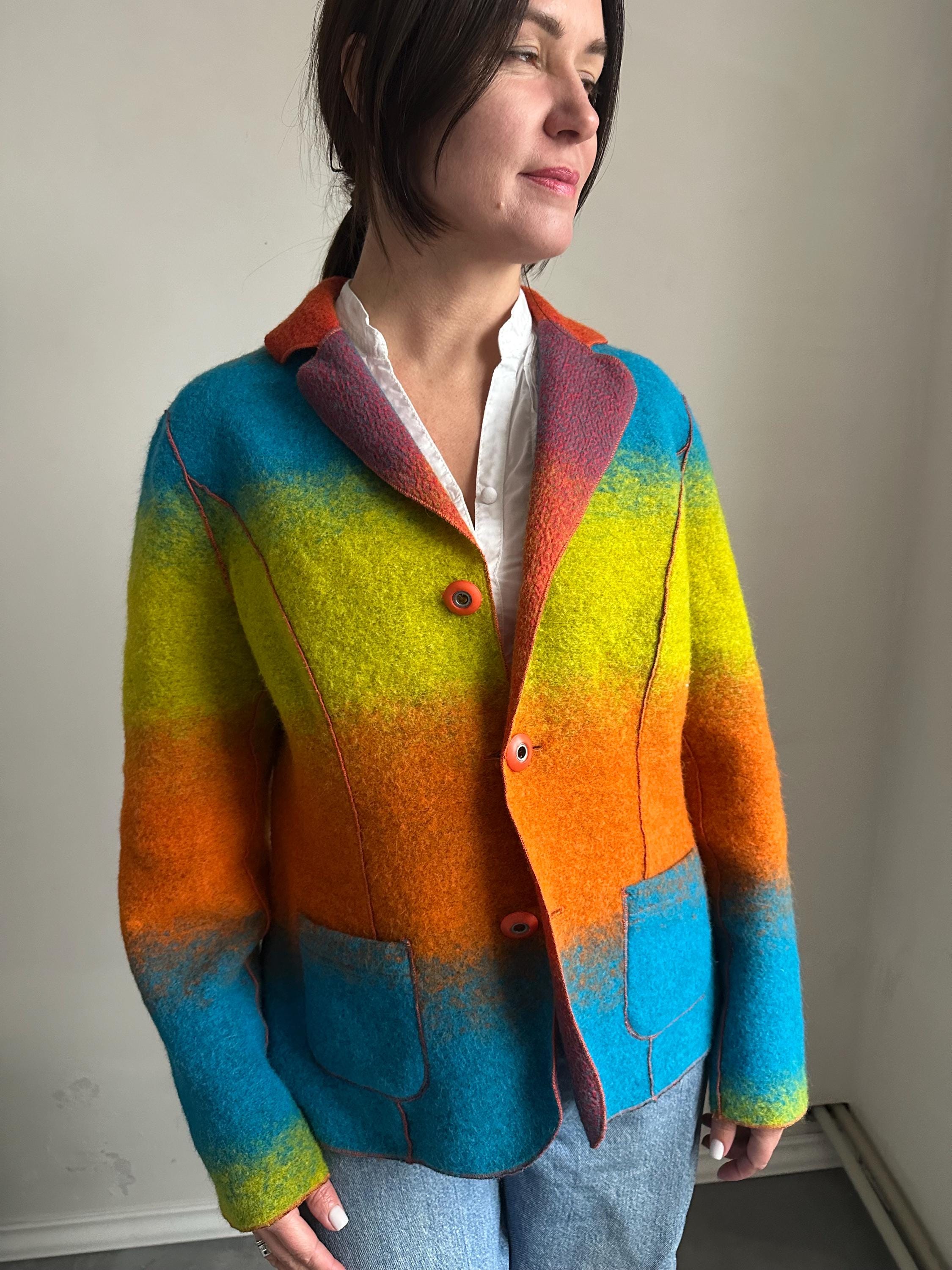 Vibrant Cardigan Jacket, Colorful Wool Blend Blazer Style Sweater