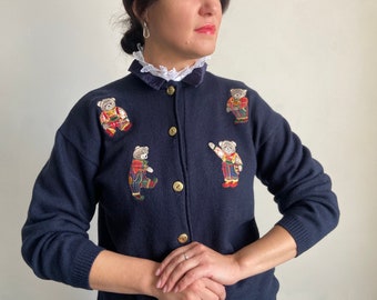 Vintage cardigan,  Teddy Bear knitted cardigan, cardigan with embroidery, embroidered cardigan, bear cardigan, wool cardigan,
