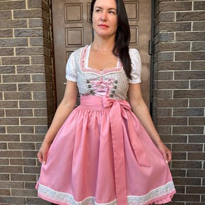May include: A dirndl dress featuring a light gray bodice with a floral pattern, white puff sleeves, and a pink satin apron. The bodice includes a pink lace-up front with metal eyelets, while the skirt is solid pink with a decorative lace trim.