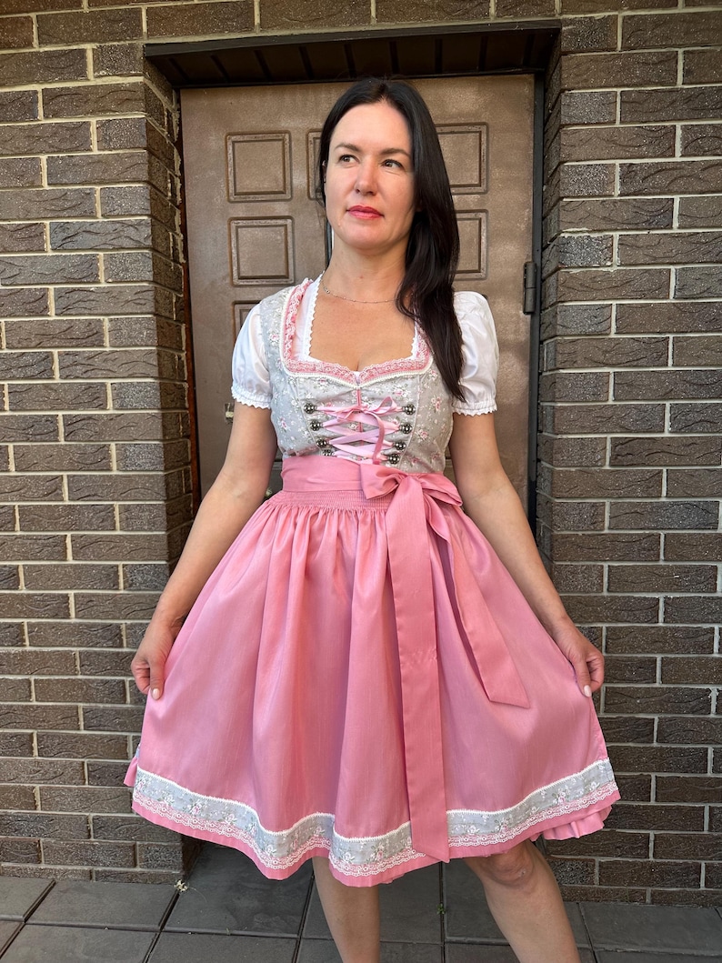 May include: A dirndl dress featuring a light gray bodice with a floral pattern, white puff sleeves, and a pink satin apron. The bodice includes a pink lace-up front with metal eyelets, while the skirt is solid pink with a decorative lace trim.