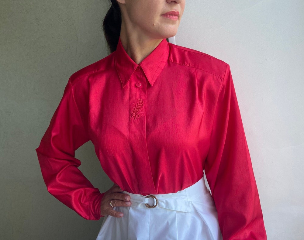 Vintage Blouse, Women'S Shirt, Red Blouse, Long Sleeves Blouse Trendy Fashion