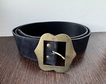 Vintage Austrian black leather  belt, Dirndl leather belt, high waist folk belt, festival wide leather belt,  dark brown boho belt