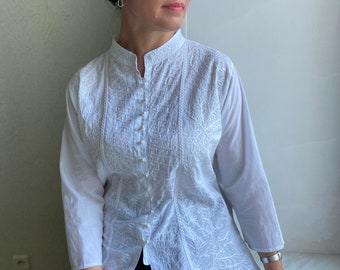 Vintage white blouse, white cotton blouse, vintage  style Blouse, embroidered blouse