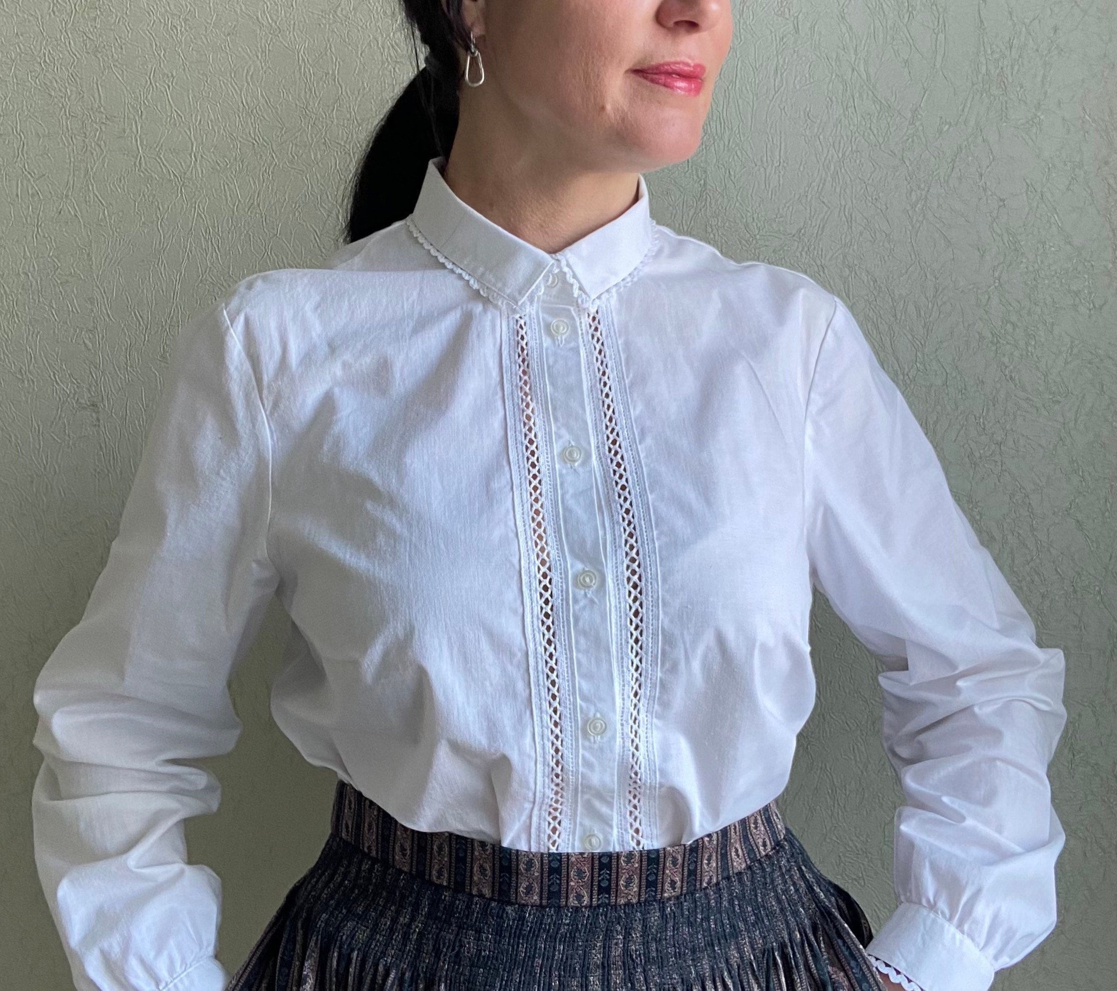 Vintage White Blouse, White Blouse With Lace, Puffy Sleeves Vintage White Blouse, White Blouse With Lace, Puffy Sleeves