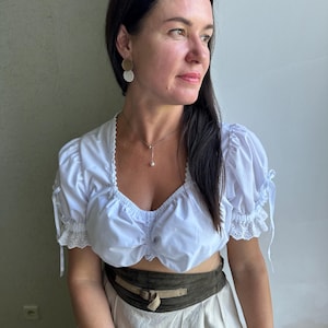 Oktoberfest Dirndl Blouse, White Crop Top , Bavarian Trachten Shirt with Lace, Cottagecore Peasant Top