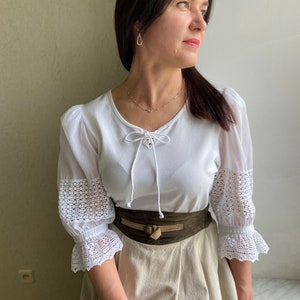 Vintage White Blouse, Vintage Blouse With Lace, Wide Sleeves Vintage White Blouse, Vintage Blouse With Lace, Wide Sleeves