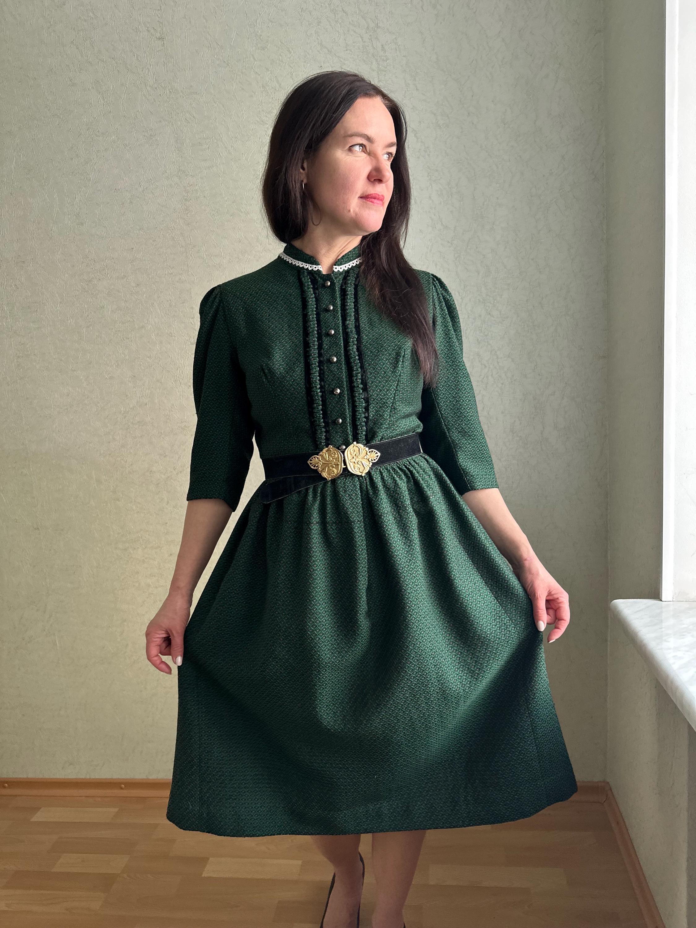 Vintage Style Dark Green Folk Dress, Victorian Inspired Edwardian Midi Dress, Dark Academy Cottagecore Dress, Trachten Style Dress