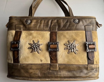 Vintage leather women bag,  Austrian handle bag, leather edelweiss bag