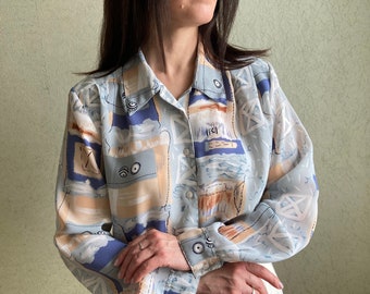 Vintage blouse, abstract pattern blouse, multicolored vintage shirt