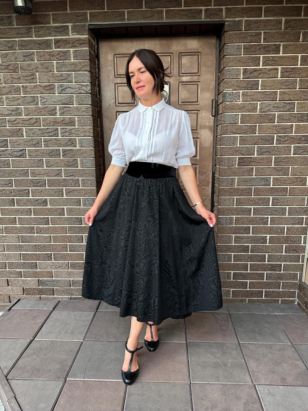 スカート vintage Black velvet flared long skirt Plus Size Black Pleated Skirt, High Elastic Waist Velvet