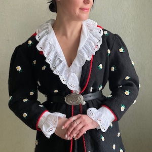 Vintage cardigan, knitted embroidered cardigan, puffy sleeves cardigan,  knitted cardigan, embroidered cardigan