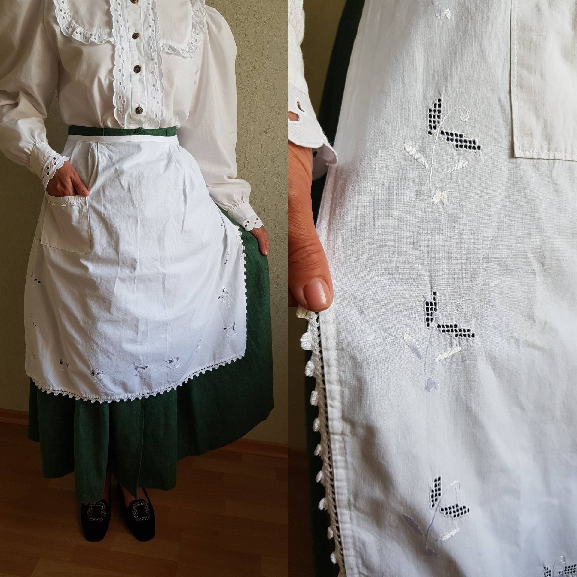 Vintage Aprons, Retro Aprons, Old Fashioned Aprons & Patterns Vintage White Apron, Half Cotton Apron With Embroidery, French Farmhouse $31.00 AT vintagedancer.com
