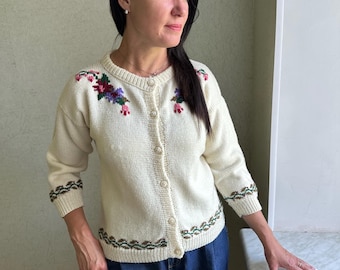 White embroidered cardigan, knit cardigan with floral embroidery, white ecru boho sweater , Romantic Cottagecore Fall layer