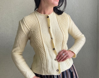 Vintage cardigan, knitted Austrian cardigan, beige cardigan, puffy sleeves cardigan,  knitted cardigan, kable knitted cardigan, size S