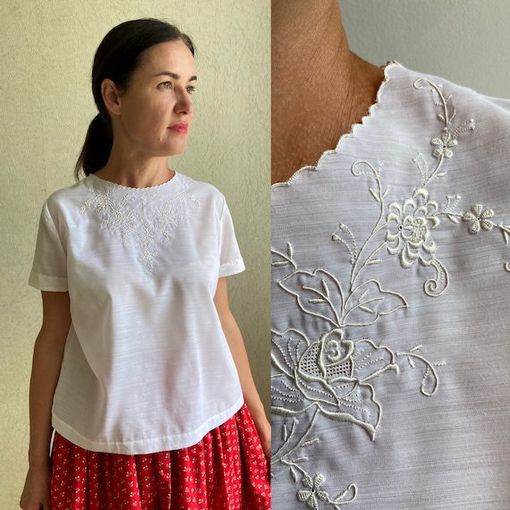 Vintage  blouse, white blouse, Embroidered floral… - image 1