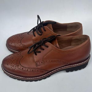 Women's Brown Leather Brogues, Chunky Sole Wingtip Shoes, Platform Oxford Loafers, Size 37 image 1