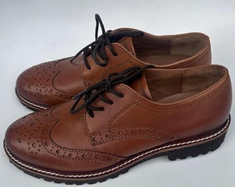 Women's Brown Leather Brogues, Chunky Sole Wingtip Shoes, Platform Oxford Loafers,  Size 37