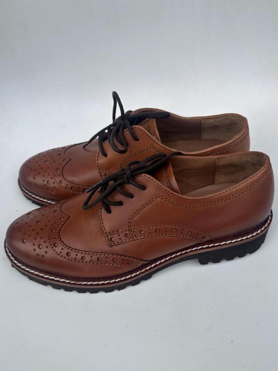 Women's Brown Leather Brogues, Chunky Sole Wingtip Shoes, Platform Oxford Loafers,  Size 37