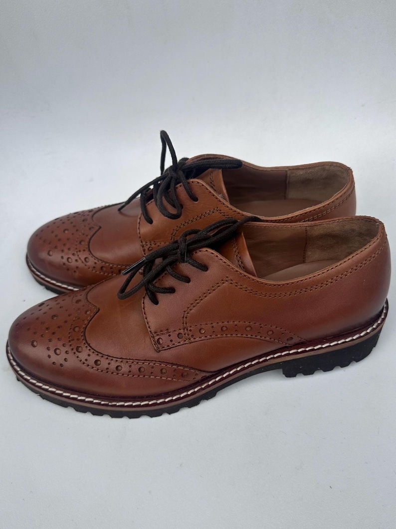 Women's Brown Leather Brogues, Chunky Sole Wingtip Shoes, Platform Oxford Loafers, Size 37 image 1