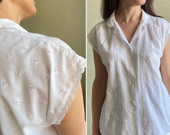 Vintage cotton Blouse, White  top, sleevless Blouse