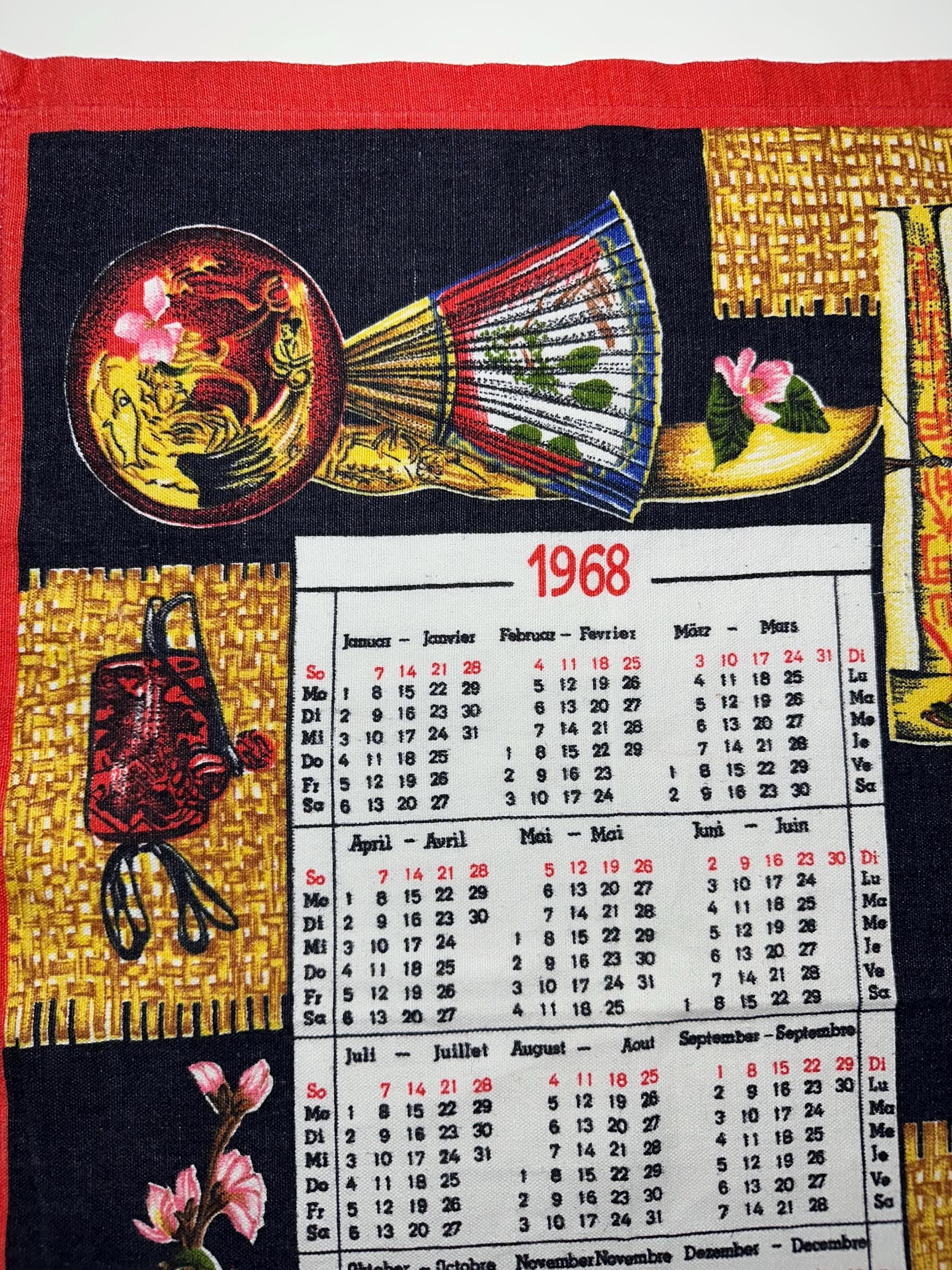Vintage Tea Towel, Vintage 1968 Calendar Tea Towel, Wall Hanging