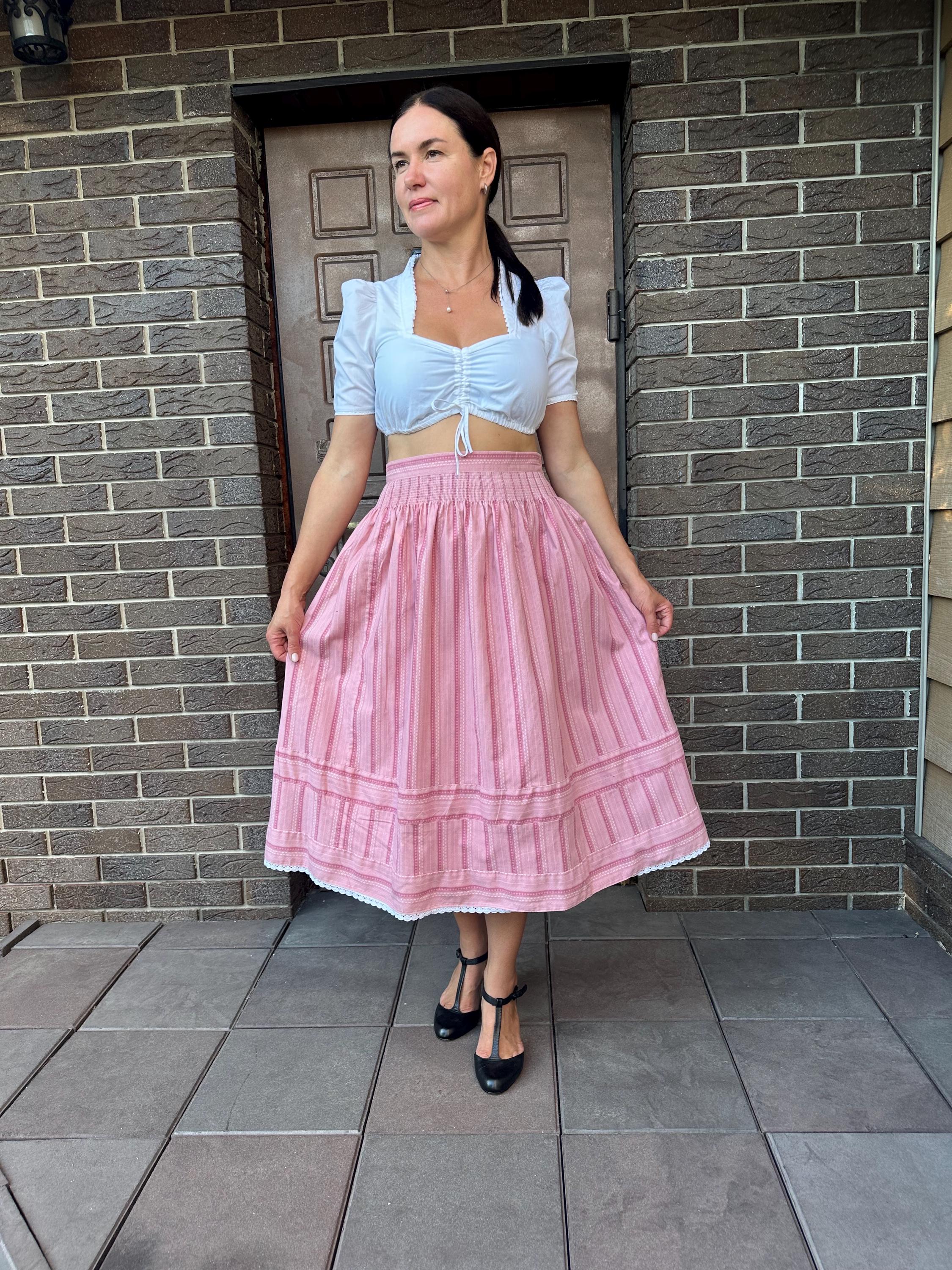 Pink Cotton Skirt, High Waist Midi Skirt, Dirndl Style, Boho